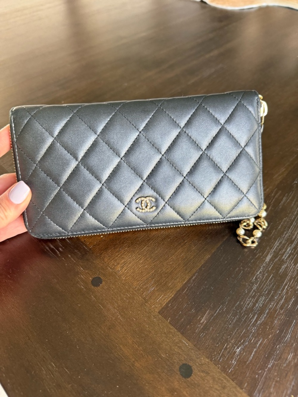 Authentic Chanel Quilted Black Leather Wallet on Chain/Wristlet. W/ bag